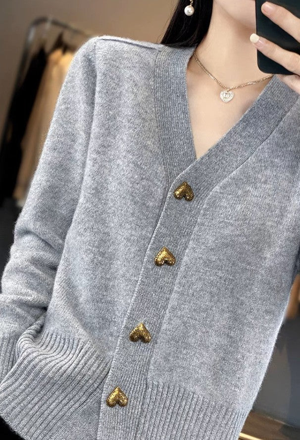 Grey heart button v-neck cardigan