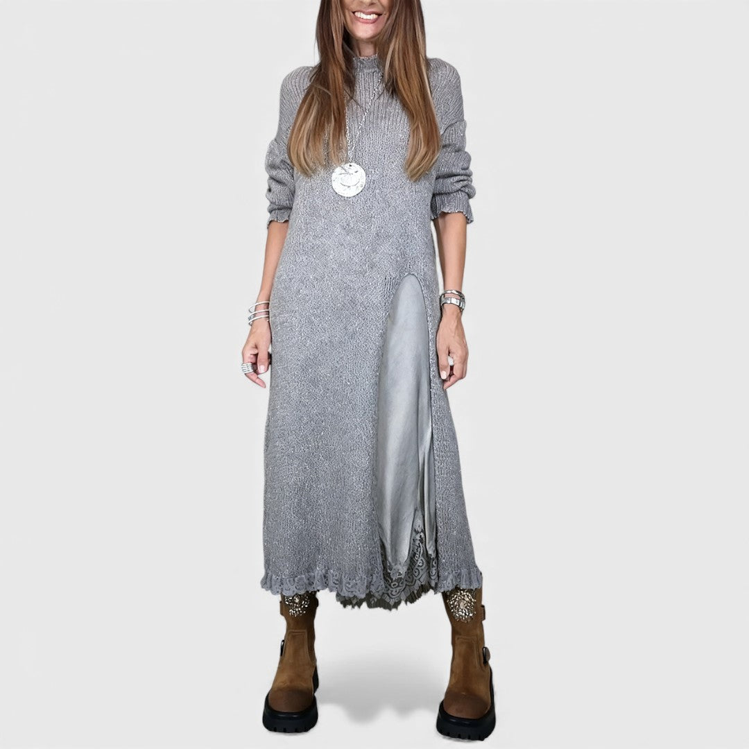 Gray high-neck split-front knit maxi dress