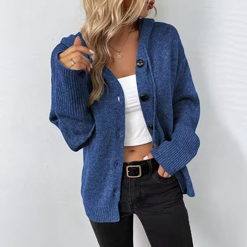 Blue hooded button-down cardigan