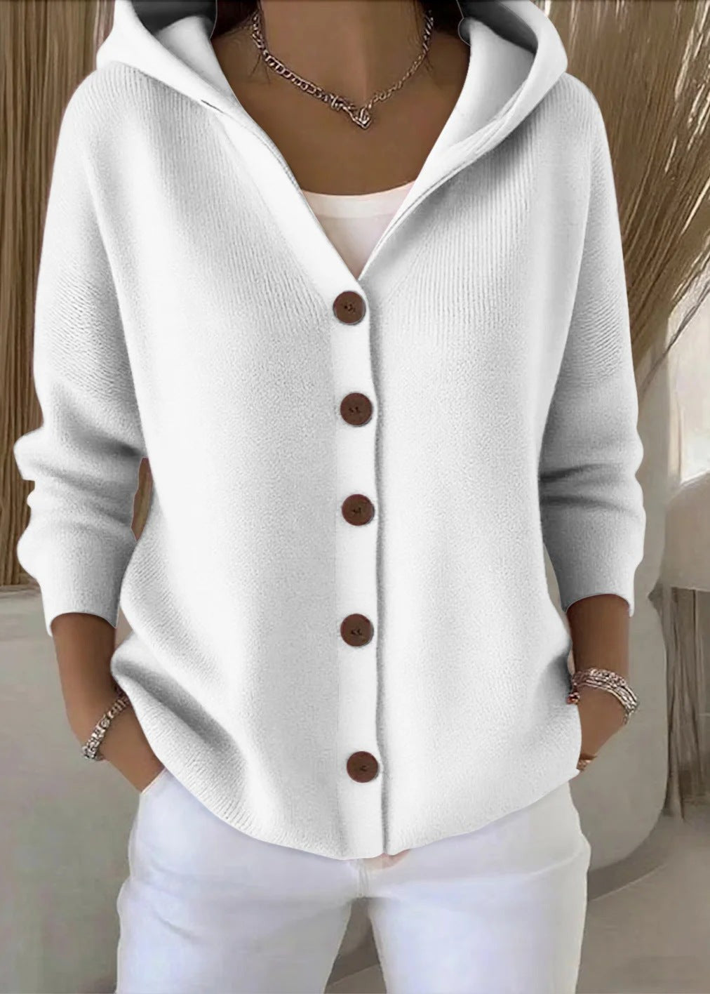 White hooded button knit cardigan