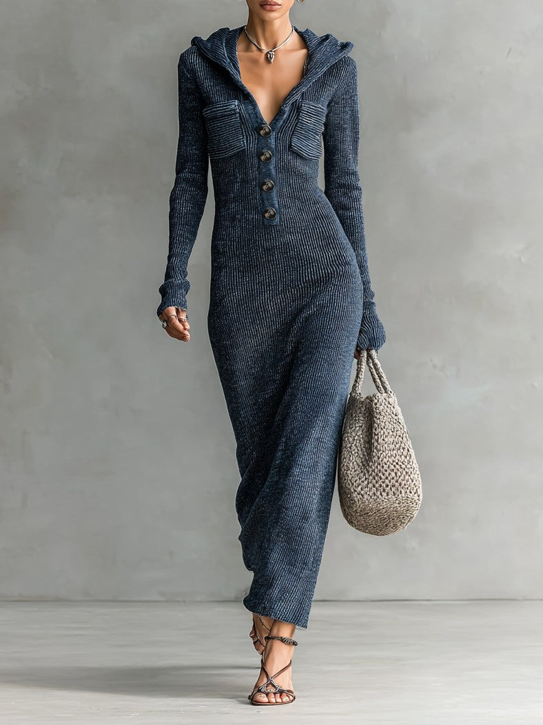 Navy hooded ribbed knit maxi dress