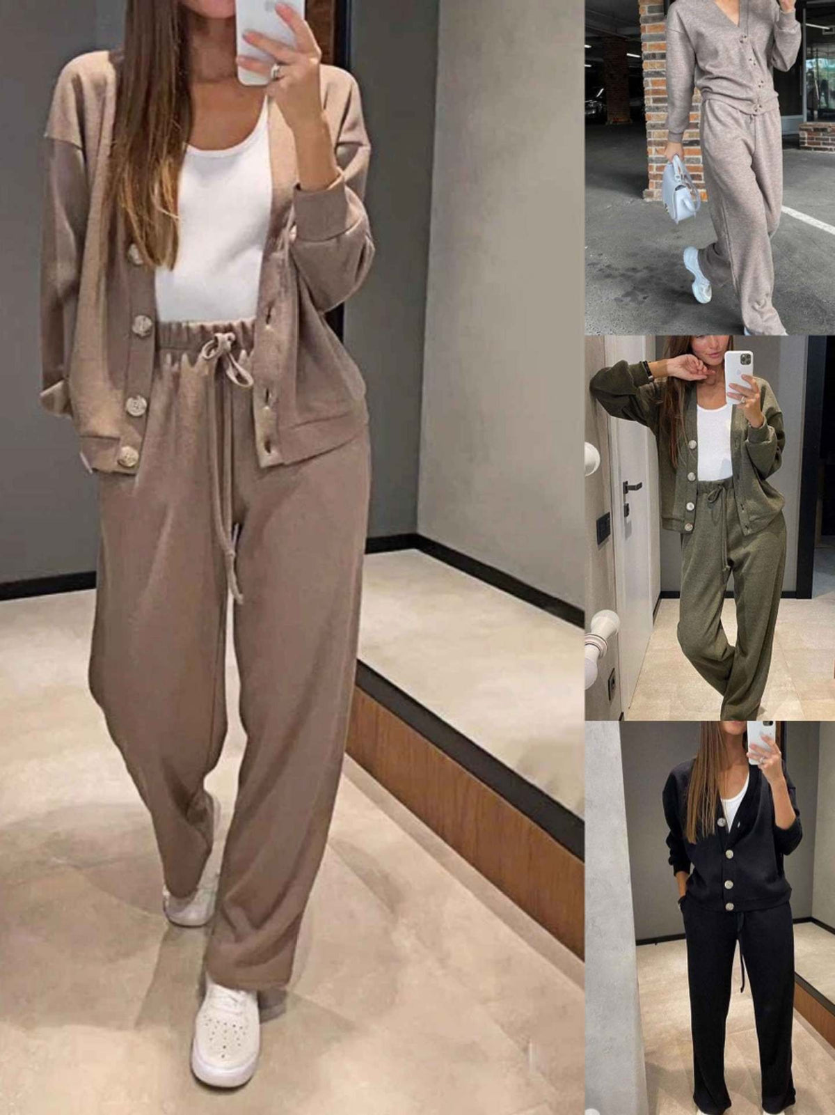 Sand knit cardigan and trouser co-ord
