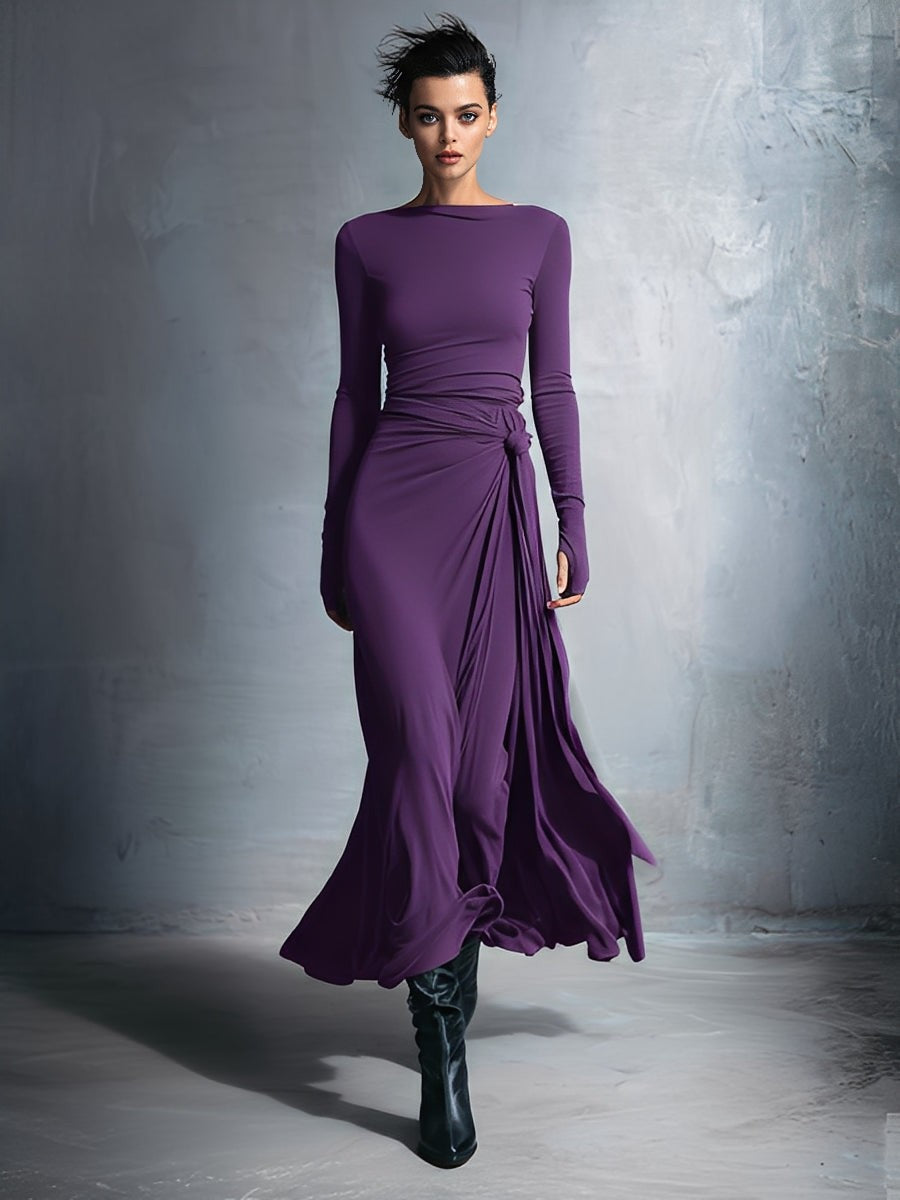 Purple knotted wrap knit maxi dress