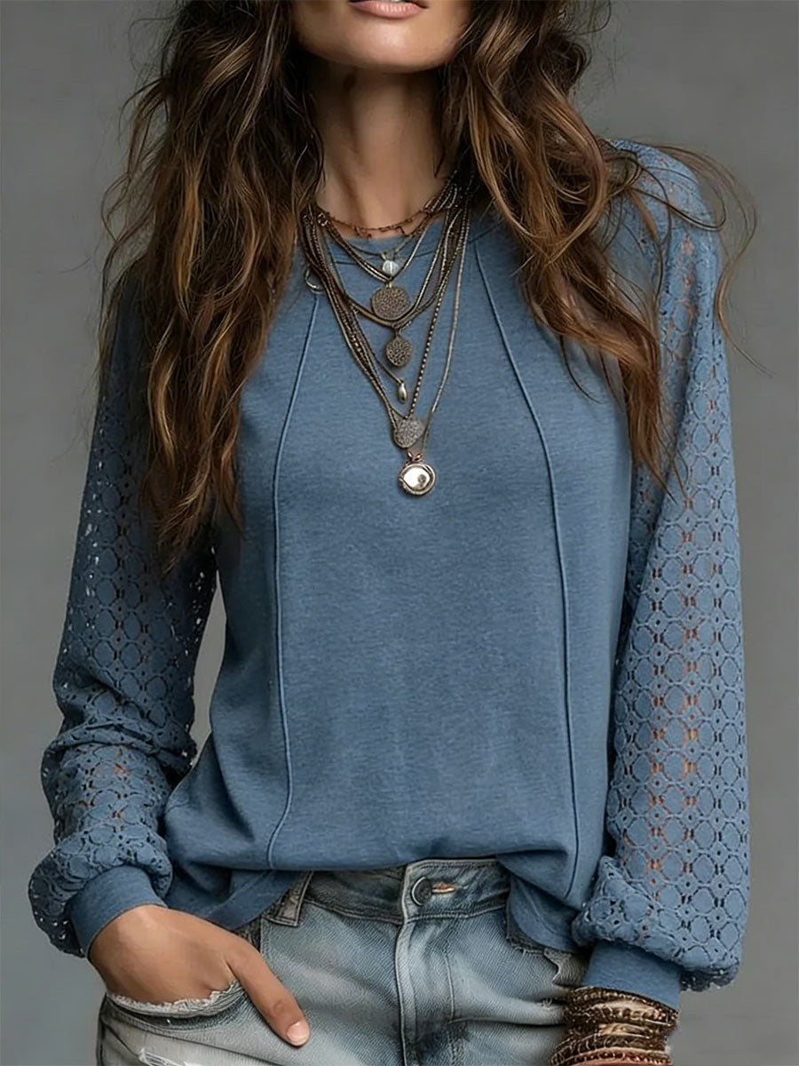 Blue lace sleeve knit top