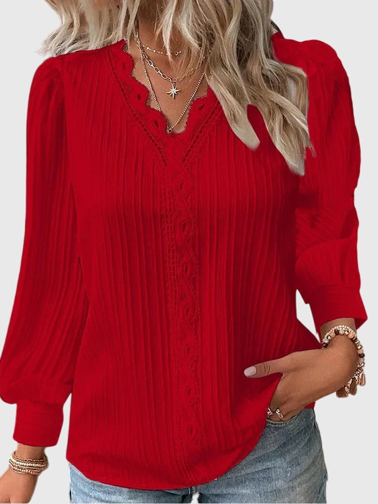 Red lace-trim pullover blouse
