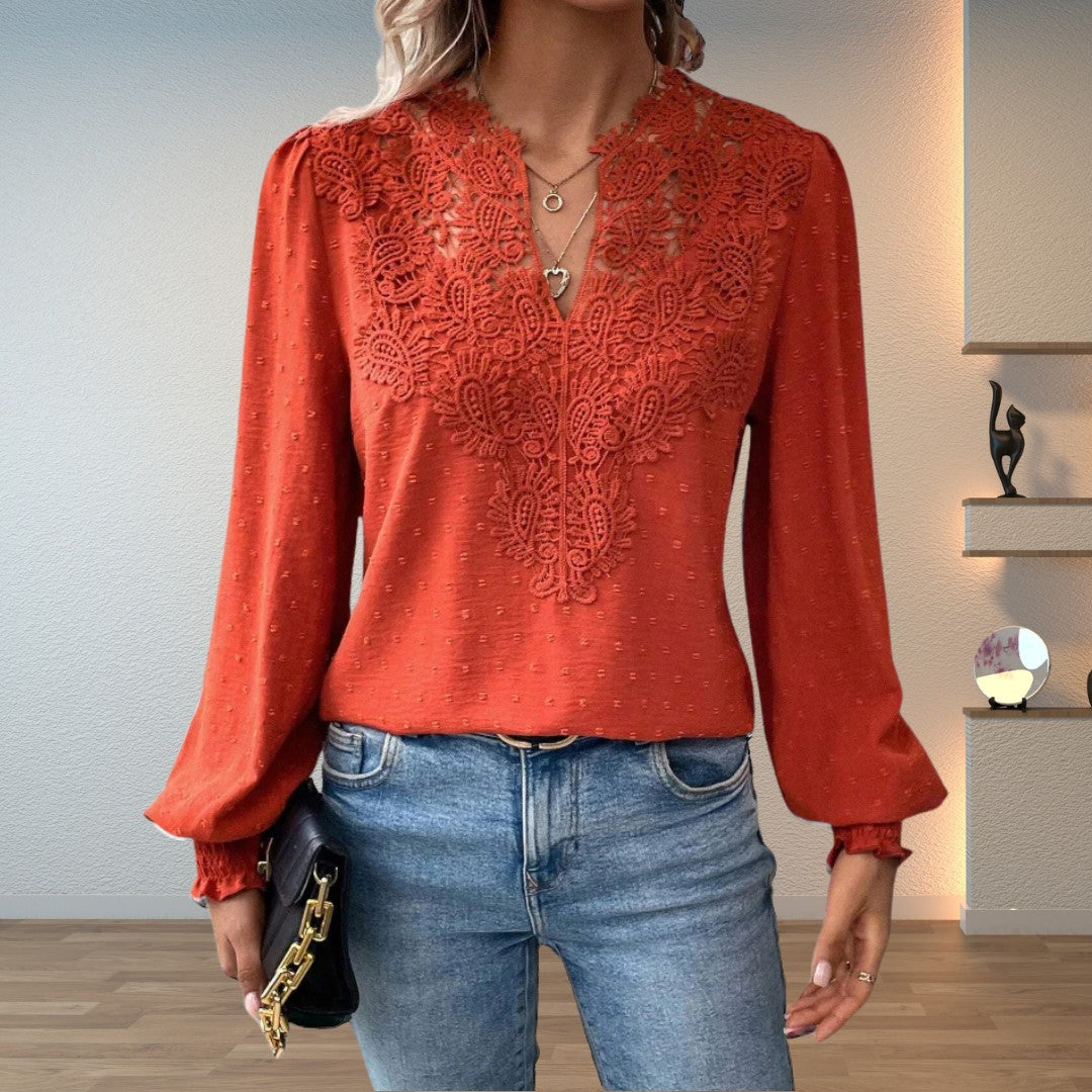 Lace-trim swiss-dot blouse