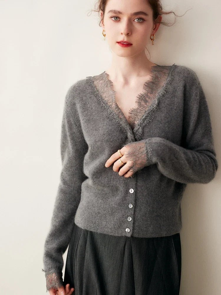 Lace-trim v-neck cardigan