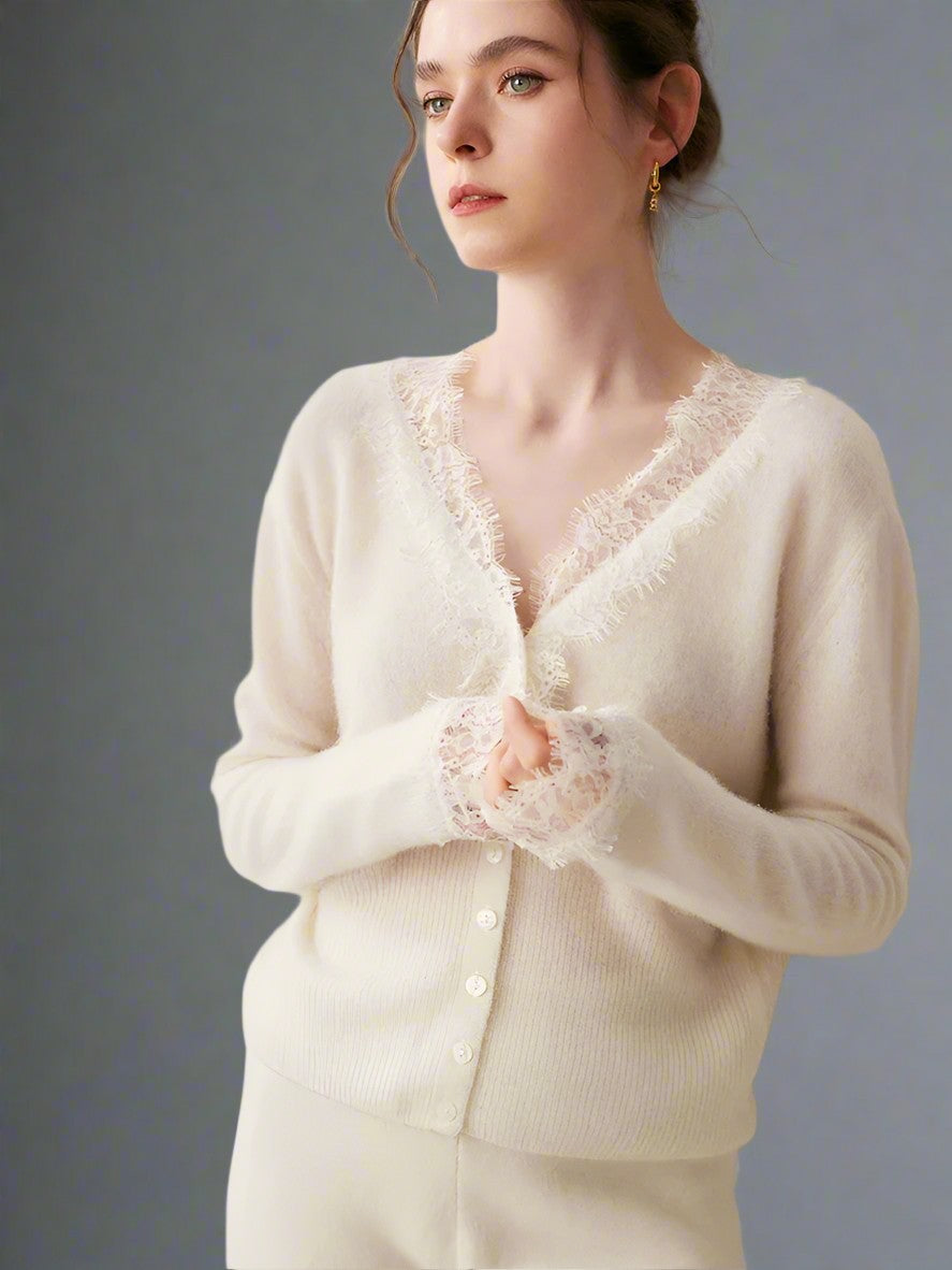 Lace-trim v-neck cardigan