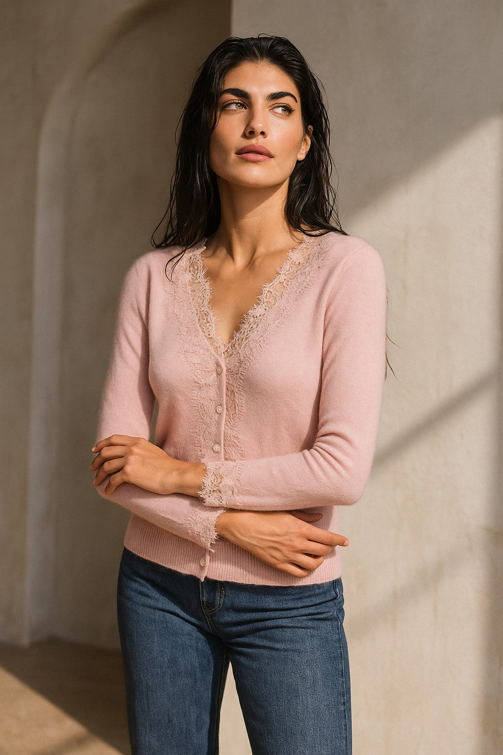 Lace-trim v-neck cardigan
