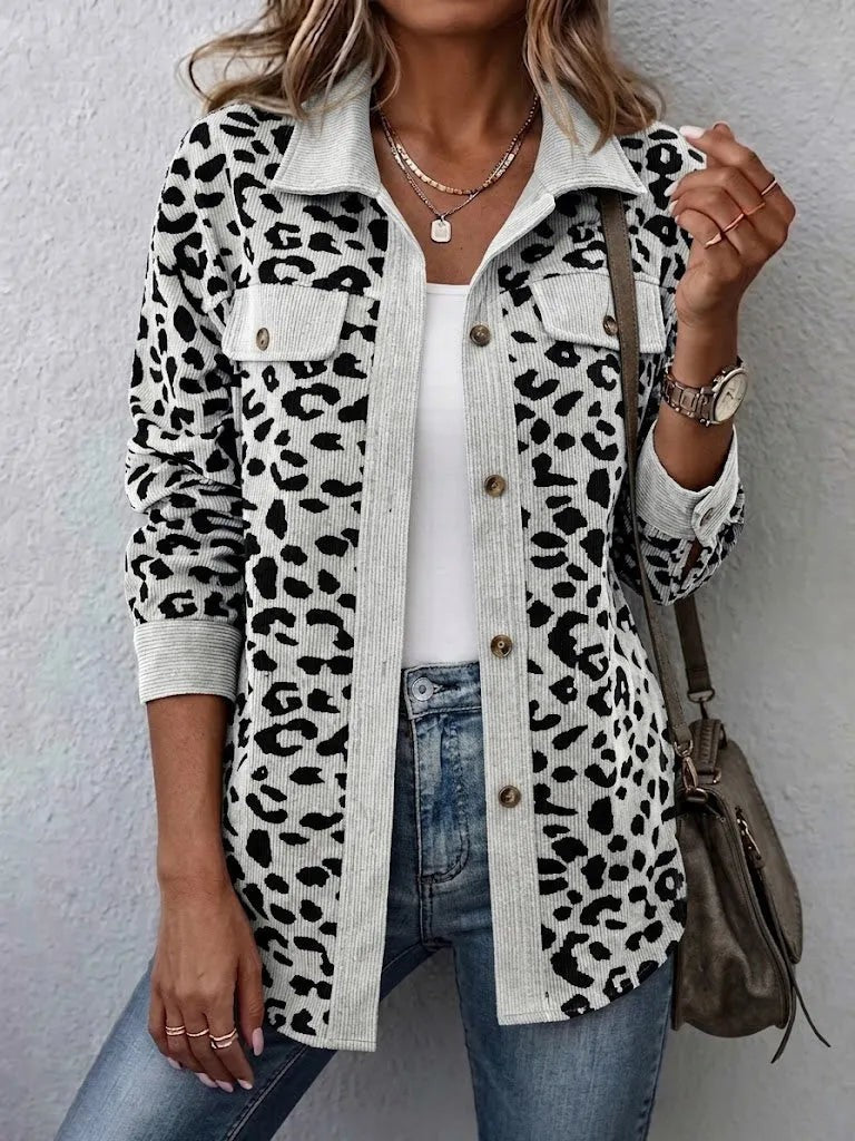 White leopard print corduroy shacket
