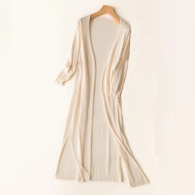 Beige longline open knit cardigan