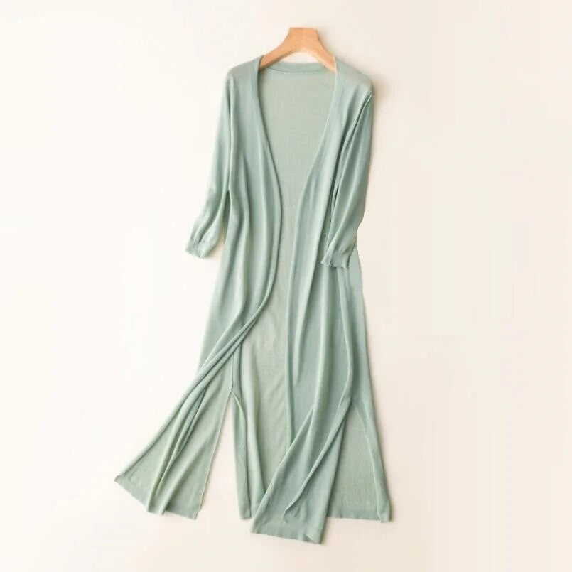 Green longline open knit cardigan