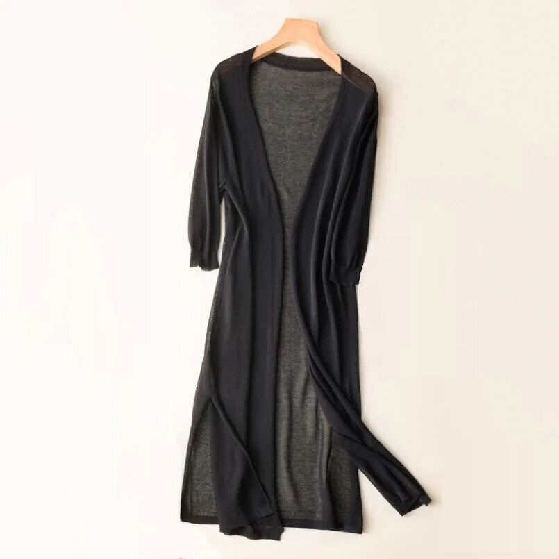 Black longline open knit cardigan