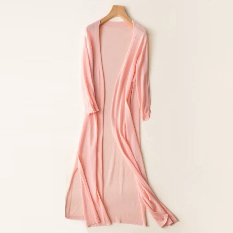 Pink longline open knit cardigan