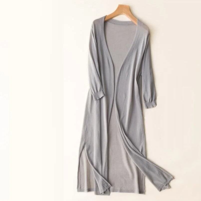 Grey longline open knit cardigan