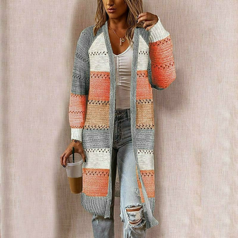 Gray longline striped open-front cardigan