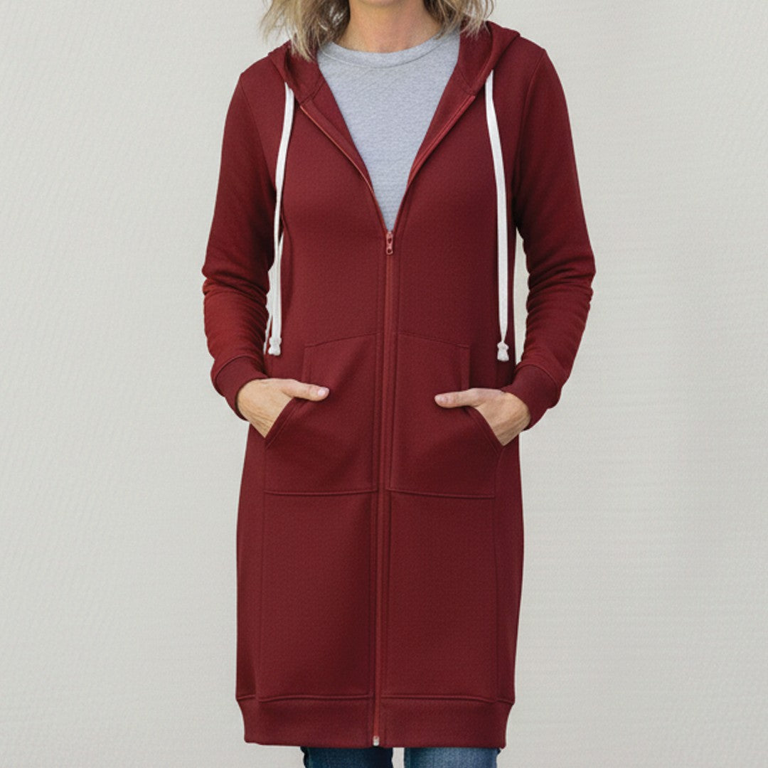 Burgundy longline zip-up hooded jacket