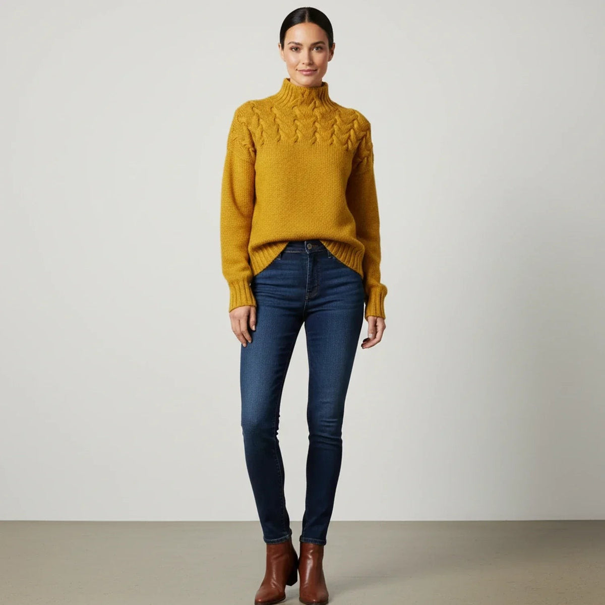 Merino cable roll neck jumper