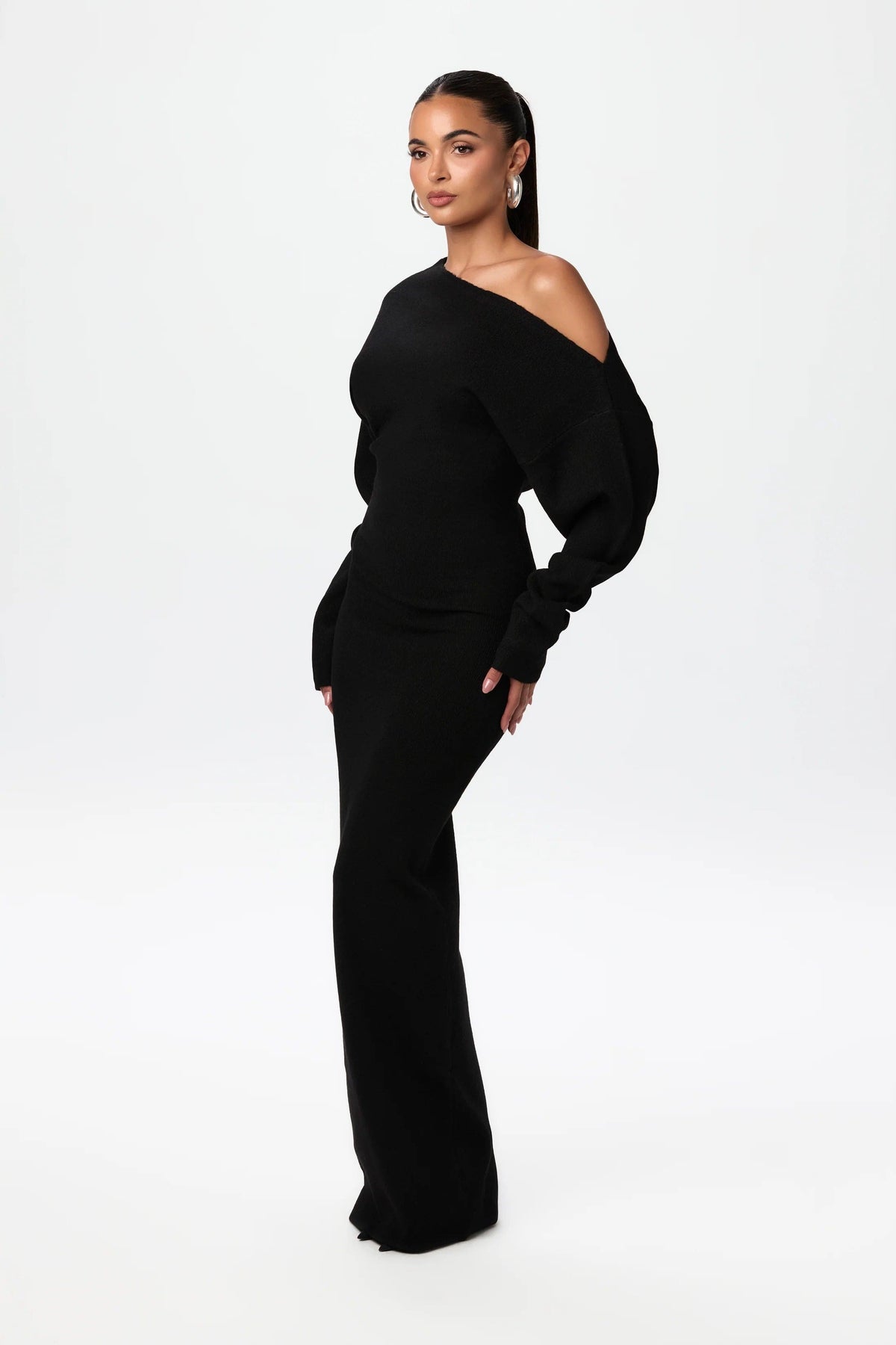 Black merino off-shoulder maxi dress