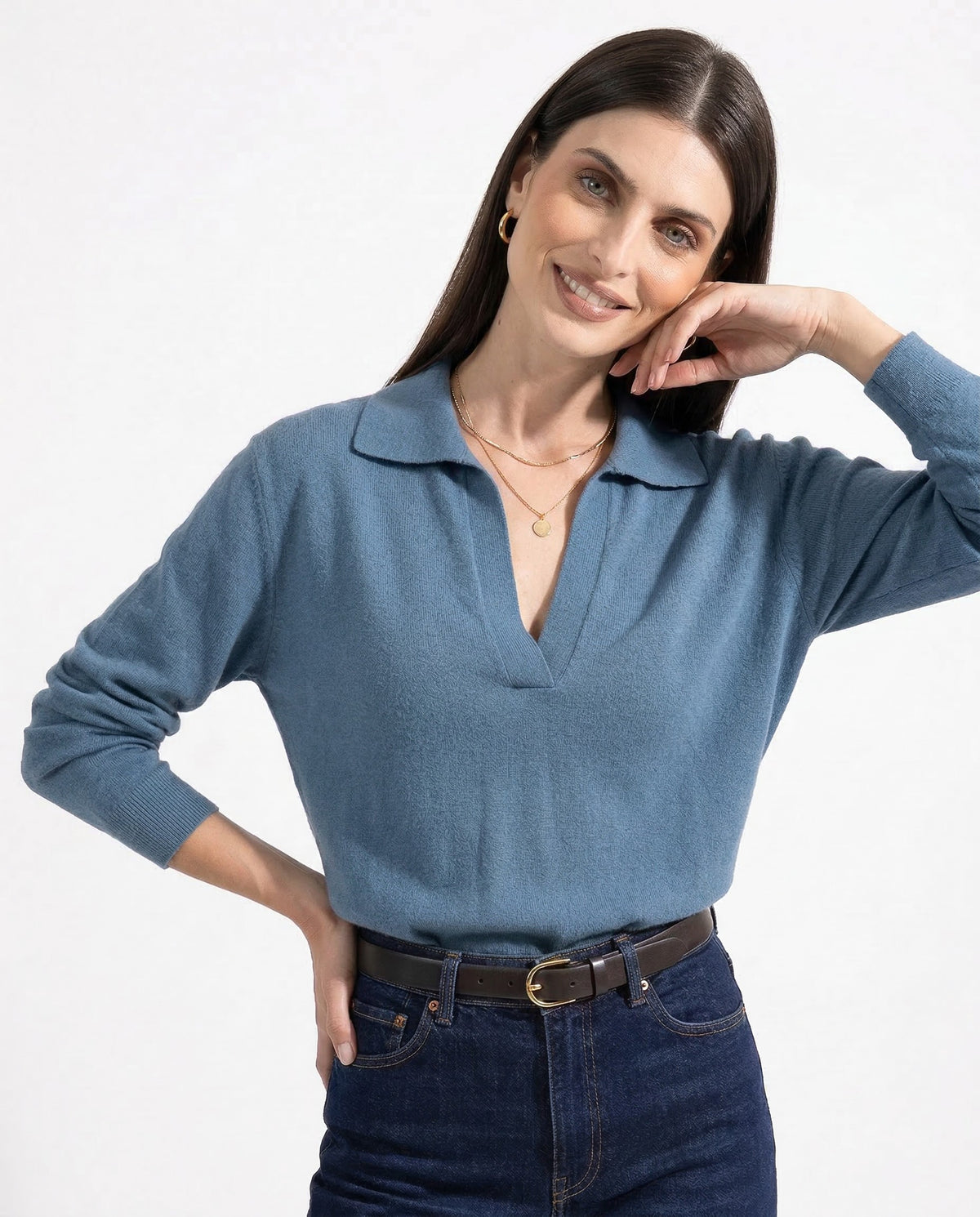 Blue merino wool collared knit polo top