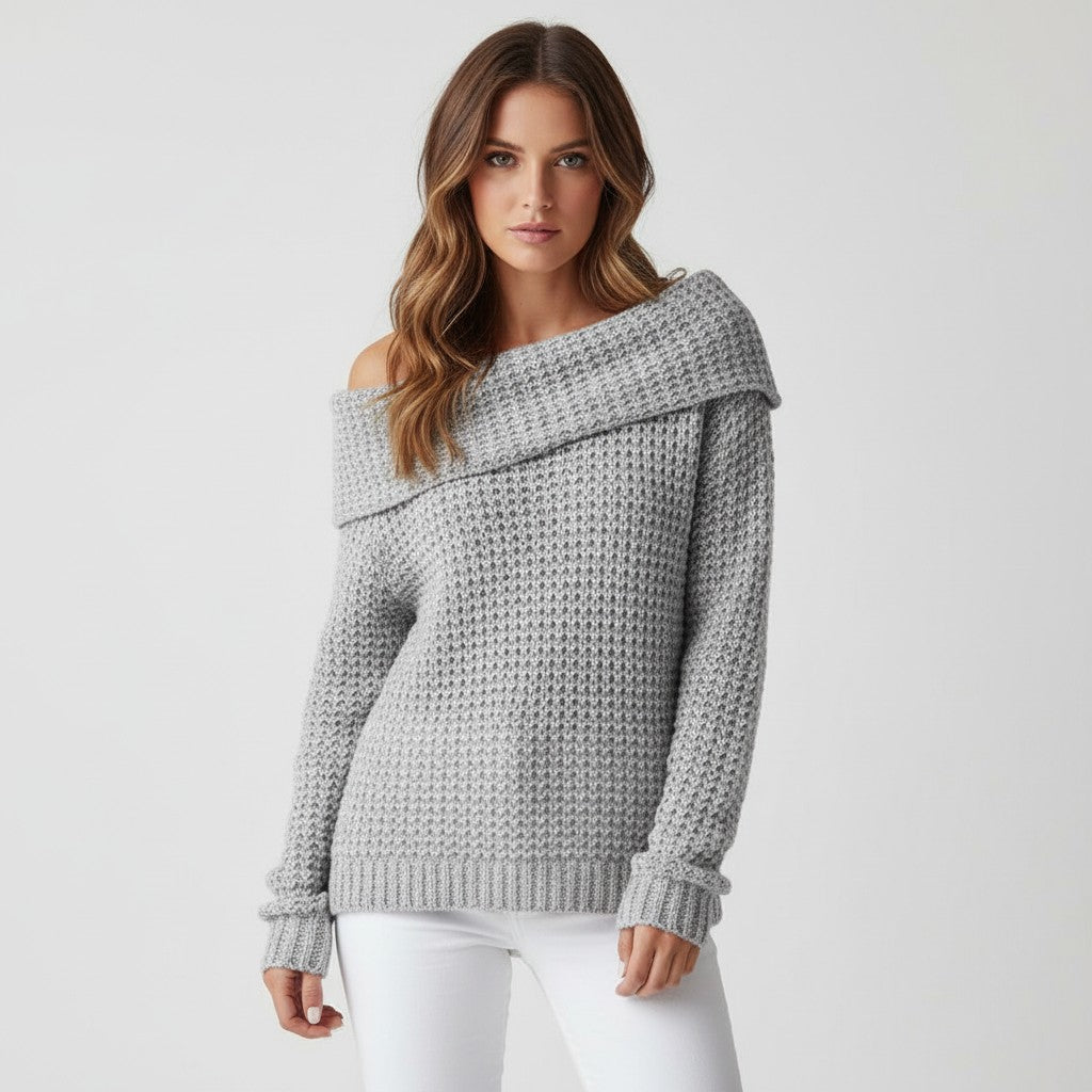 Grey merino wool off-shoulder jumper