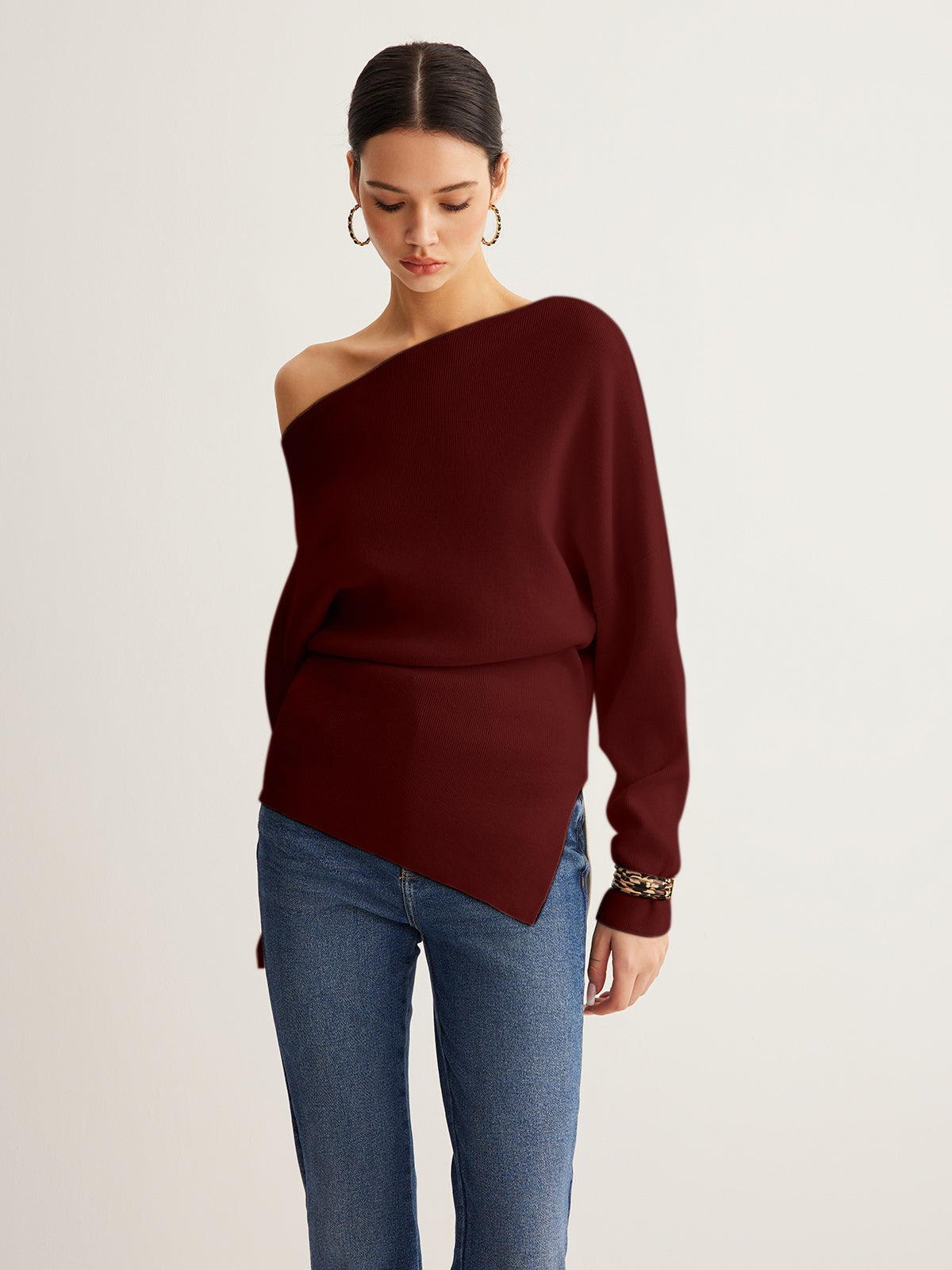 Burgundy merino wool one-shoulder jumper