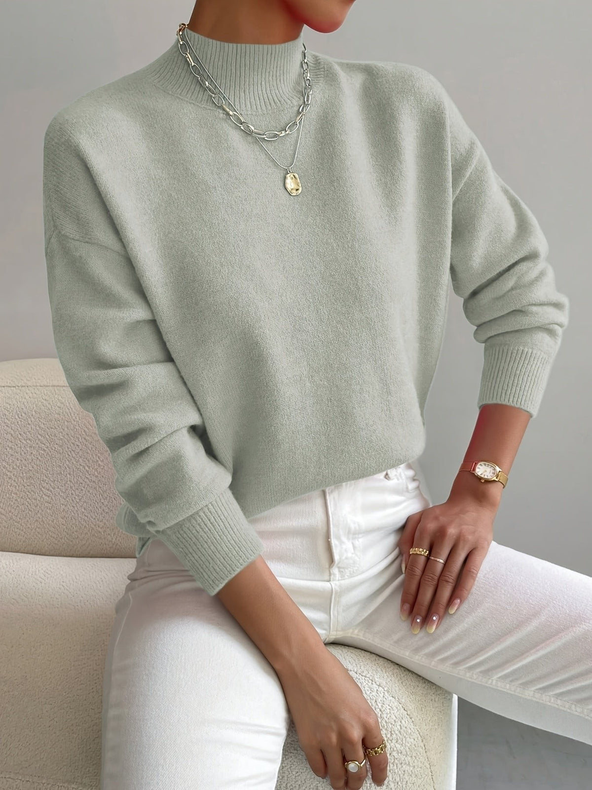 Light Green mock neck relaxed jumper