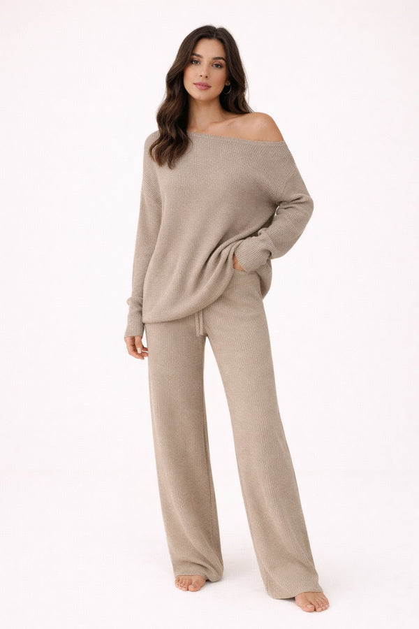 Beige off-shoulder knit lounge set