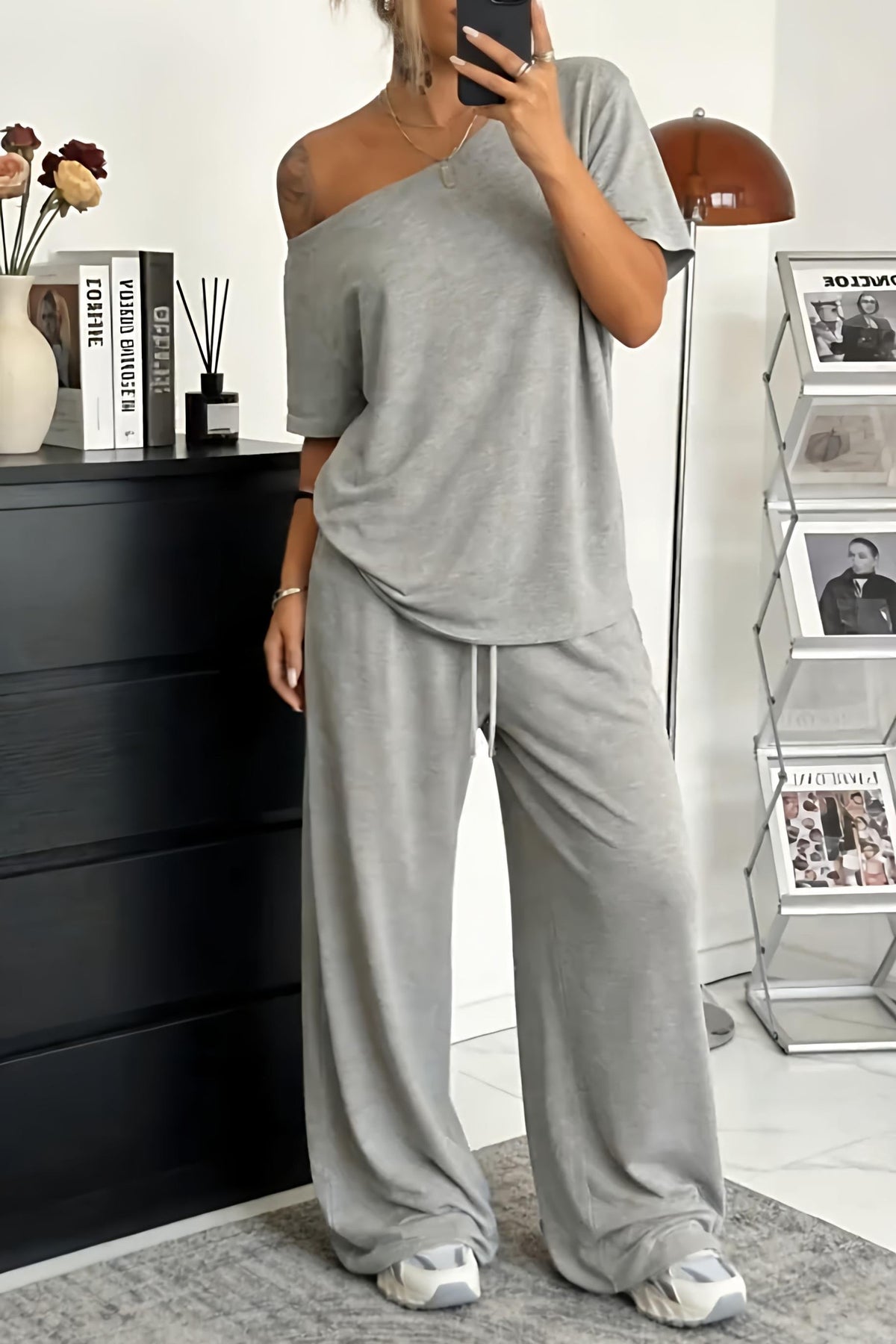 Gray off-shoulder loungewear co-ord