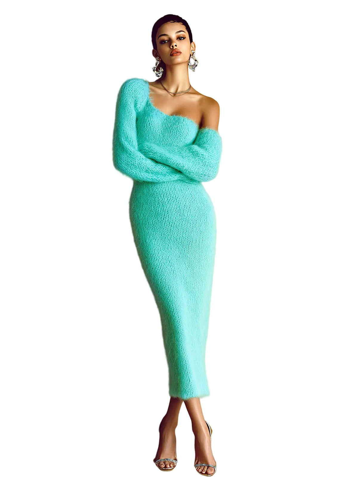 Blue one-shoulder mohair knit maxi dress