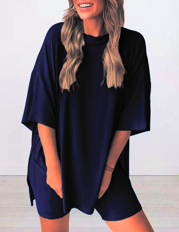 Dark Blue oversized knit t-shirt and shorts co-ord