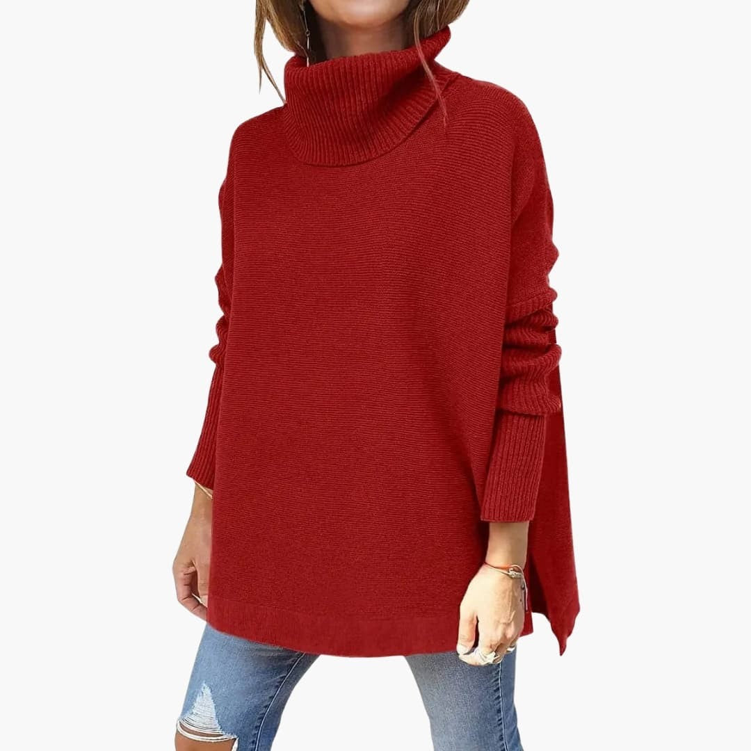 Red oversized roll neck jumper