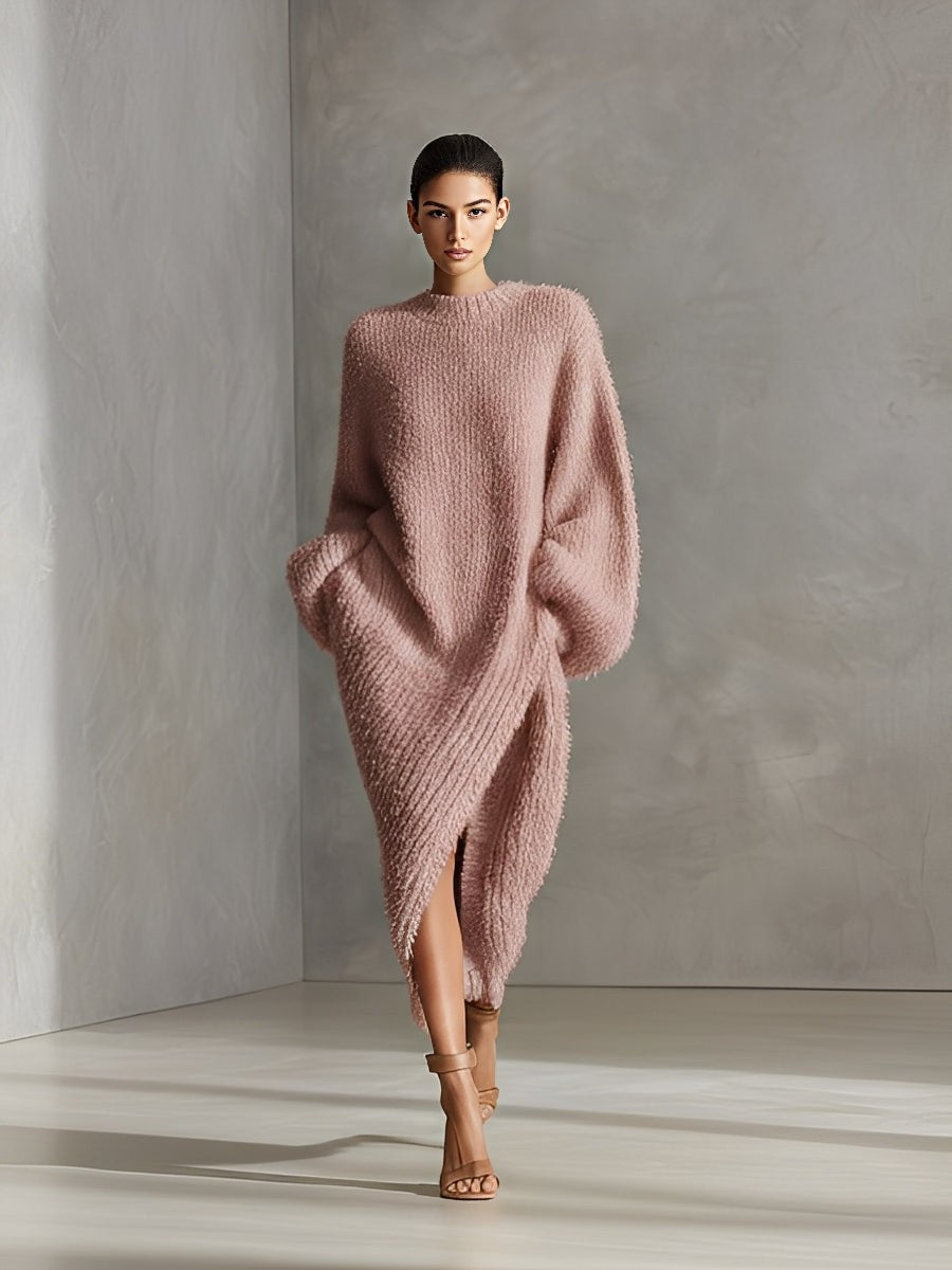 Pink oversized textured knit midi dress
