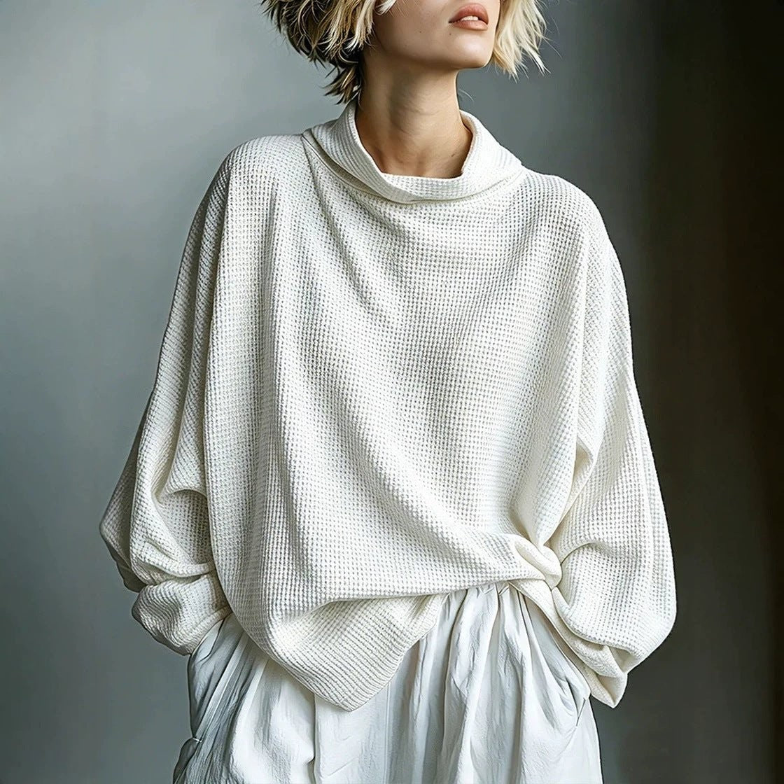 White oversized waffle knit cowl neck jumper