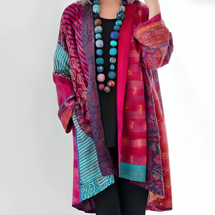 Pink patchwork open-front cardigan