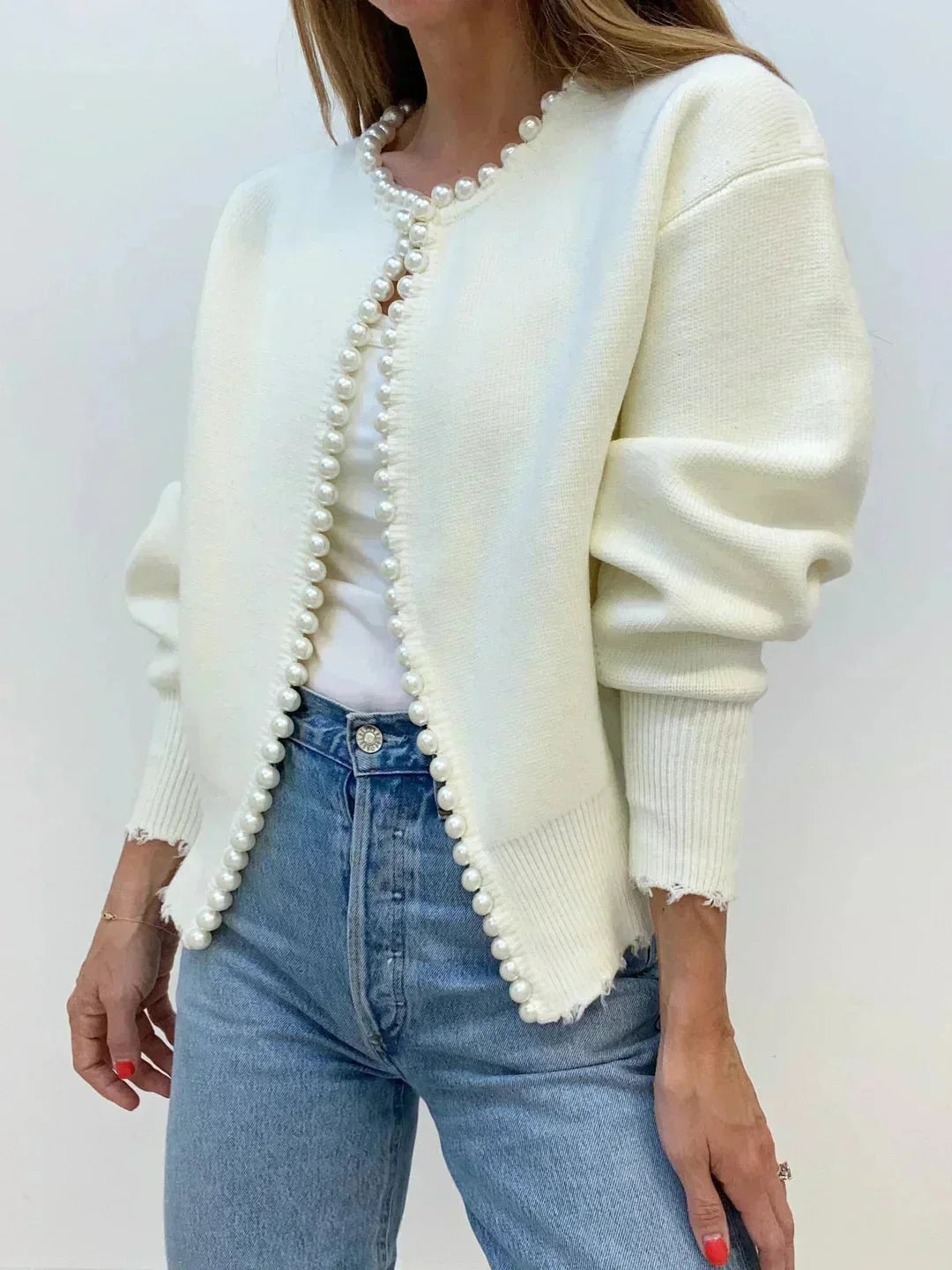 White pearl trim knit cardigan