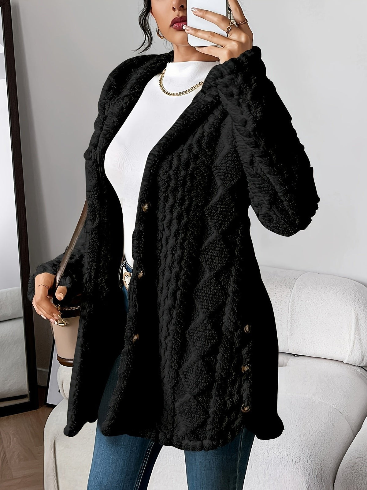 Black plush hooded longline cardigan