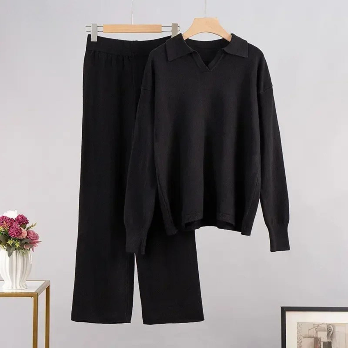 Black polo collar knit co-ord set
