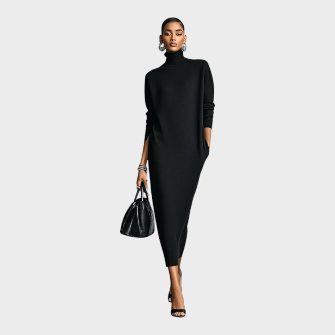 Black relaxed roll neck knit maxi dress