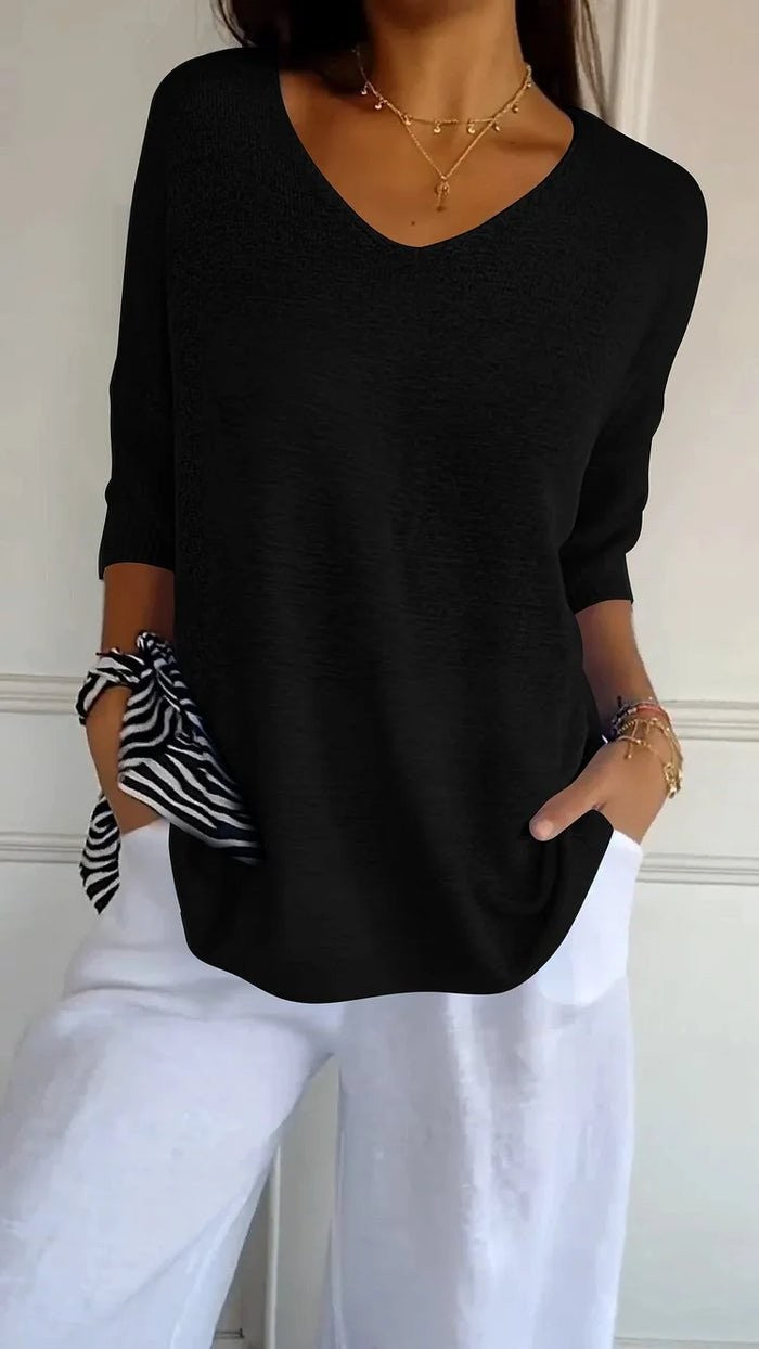 Black relaxed v-neck knit top
