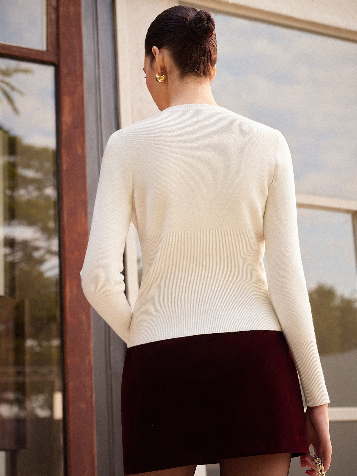 Ribbed gold-button cardigan