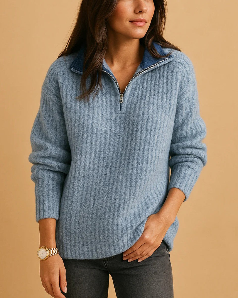 Blue ribbed half zip jumper