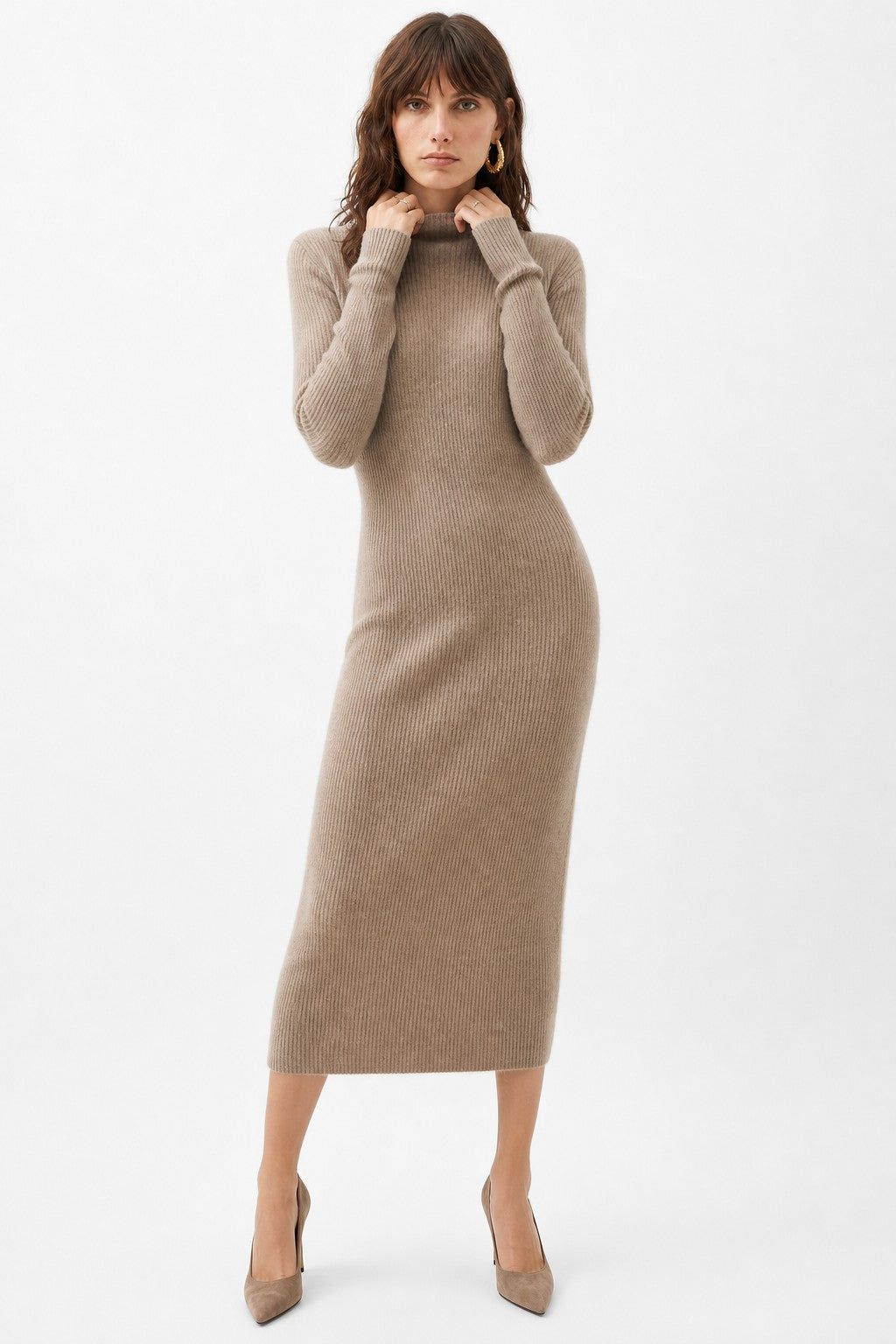 Ribbed mock neck wool midi dress