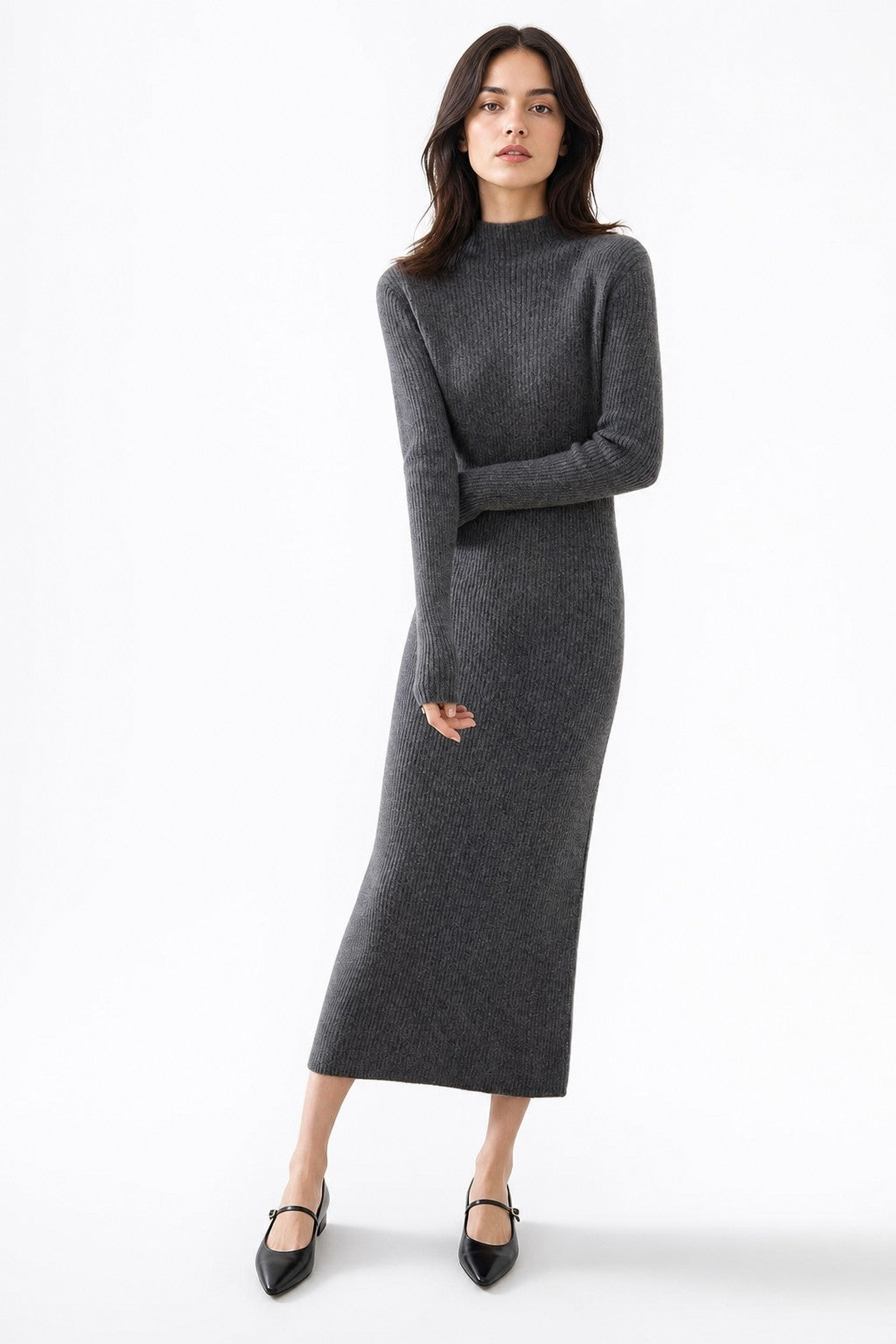 Gray ribbed mock neck wool midi dress