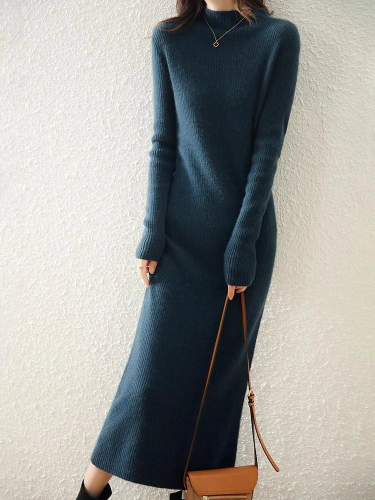 Ribbed mock neck wool midi dress