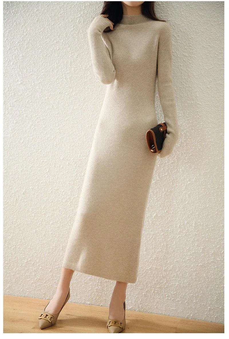 Ribbed mock neck wool midi dress