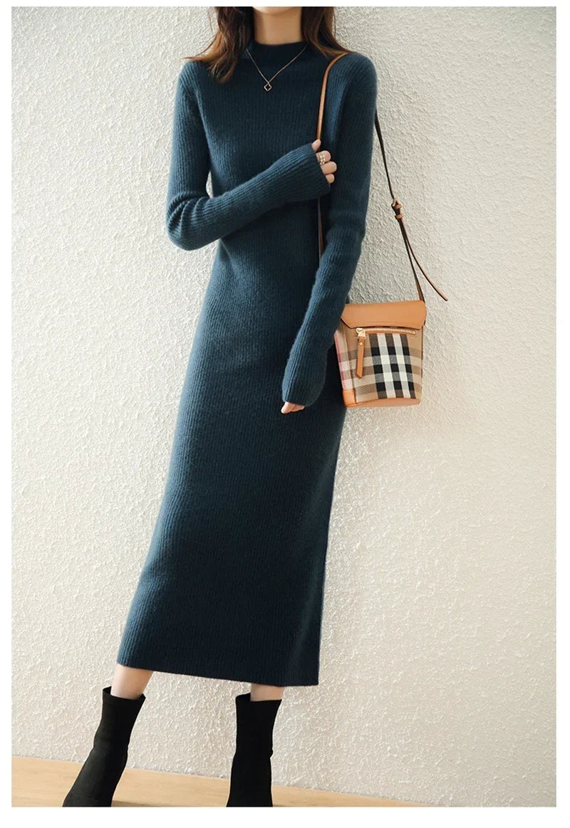 Ribbed mock neck wool midi dress