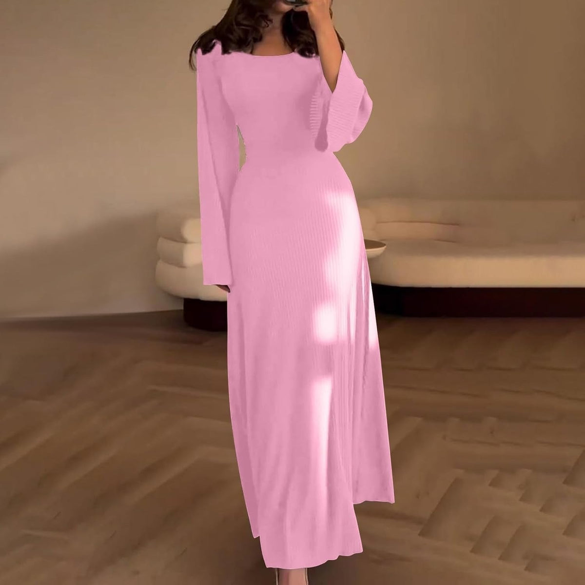 Pink ribbed square neck maxi dress