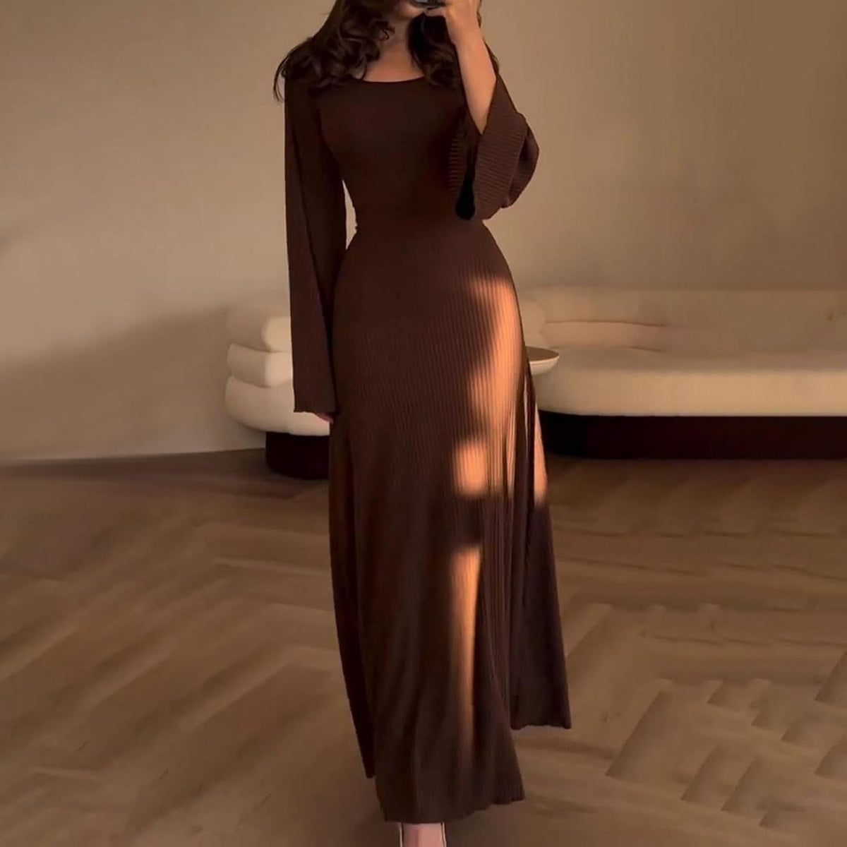 Brown ribbed square neck maxi dress