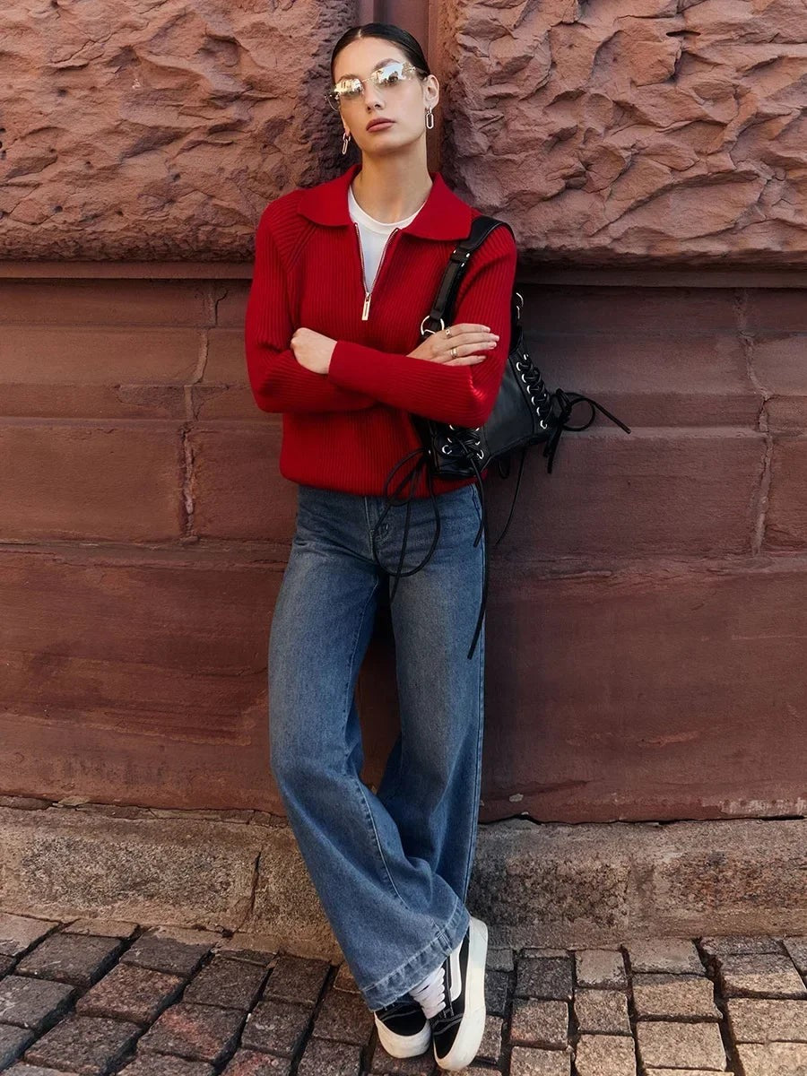 Ribbed zip neck jumper